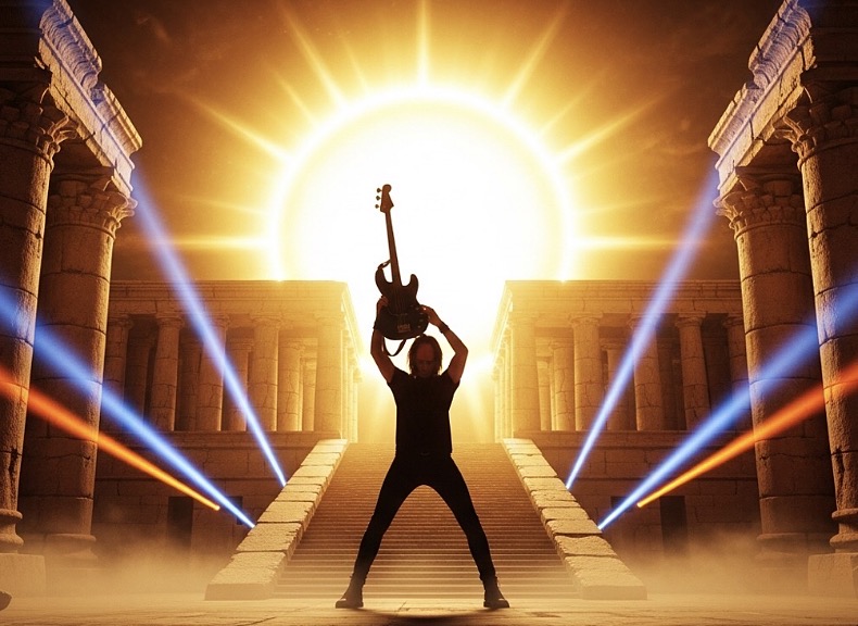 AI art of fantasy-stylized Ramelan standing before an altar with sun and light shooting forward while he holds a bass guitar overhead