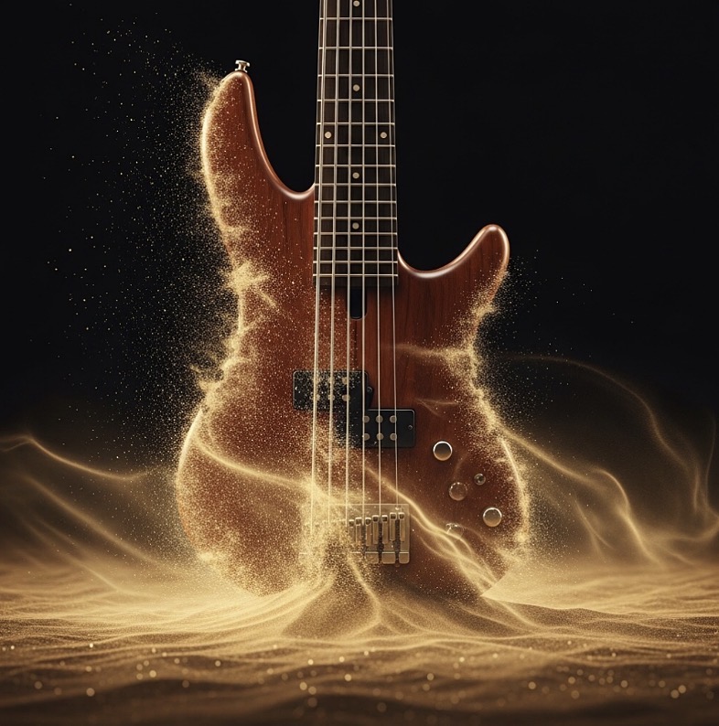 AI Art of six string bass guitar standing in divine sands
