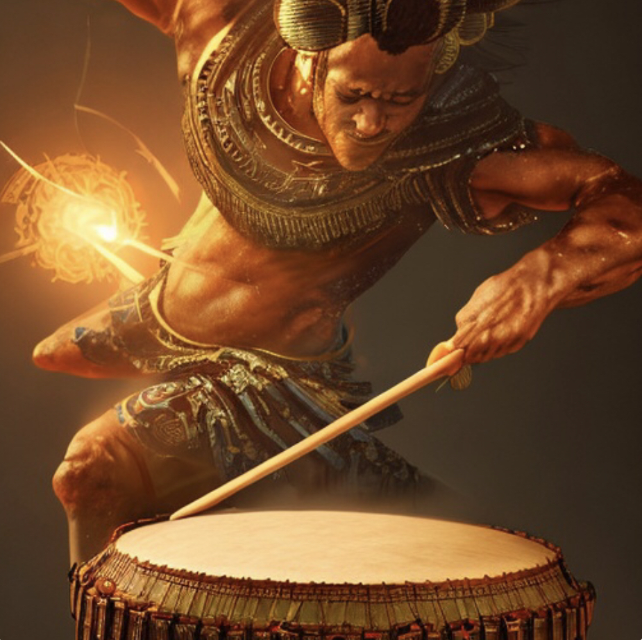 Ai art, shamanic drummer jumping into the air, holding his drumstick high and ready to strike a large drumhead