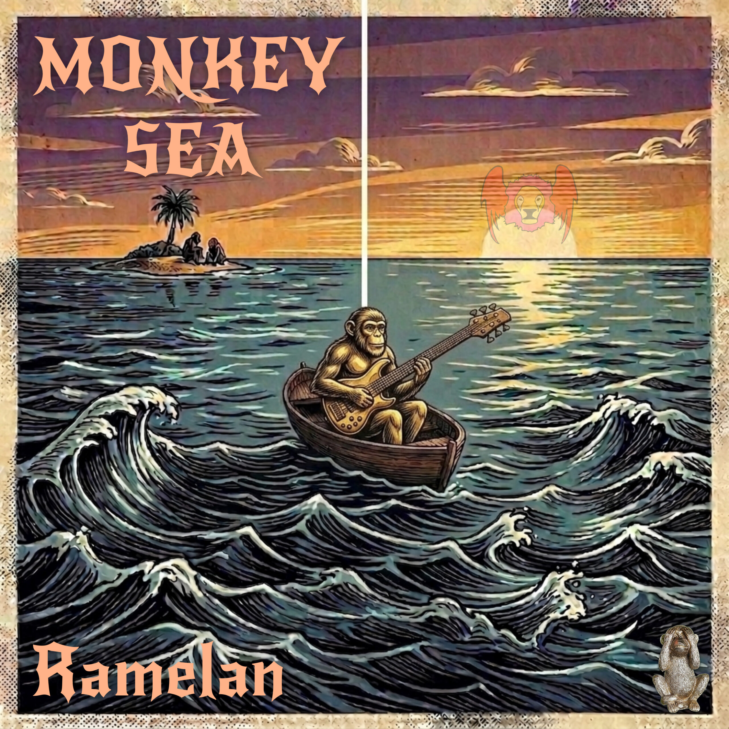 Cover art for “Monkey Sea,” Ai built ocean waves with a bass-playing monkey on a boat, island, sun and faded Ramelan logo in background