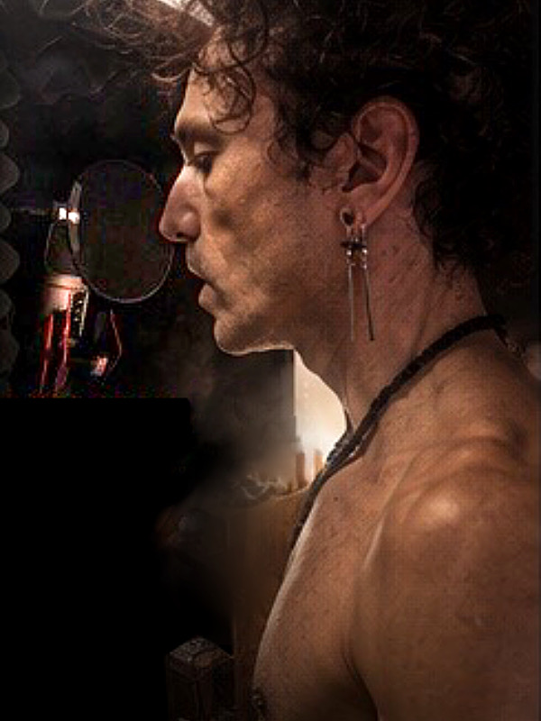 Stylized headshot of Ramelan, profile photo facing left towards recording mic